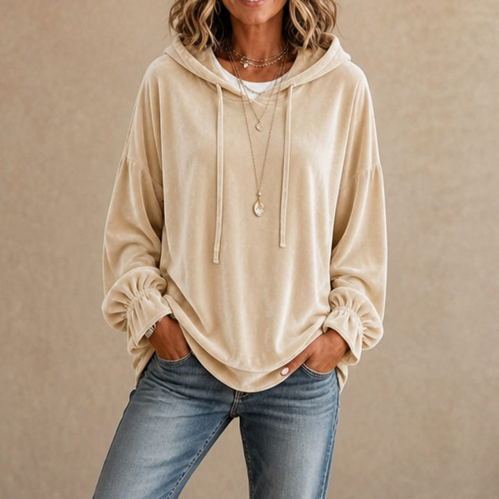 Women's Relaxed Velvet Drawstring Hoodie Ruffle-Cuff Sweatshirt - Apricot