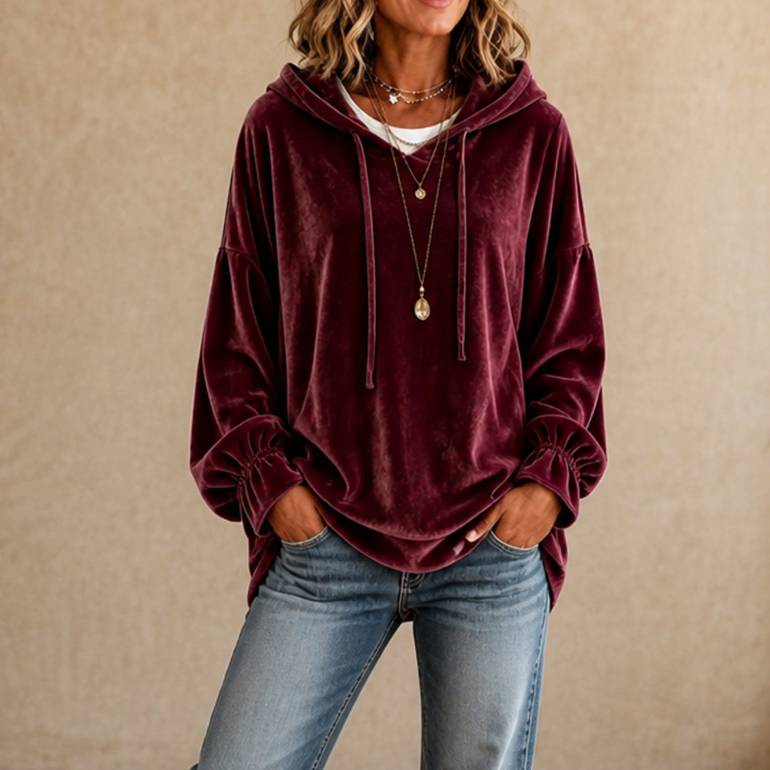 Women's Relaxed Velvet Drawstring Hoodie Ruffle-Cuff Sweatshirt - Burgundy