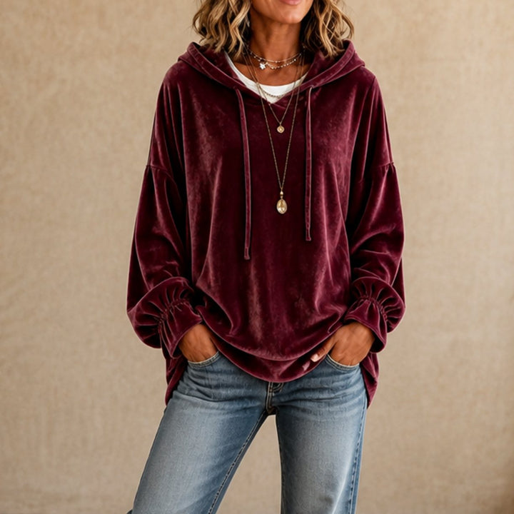 Women's Relaxed Velvet Drawstring Hoodie Ruffle-Cuff Sweatshirt - Burgundy