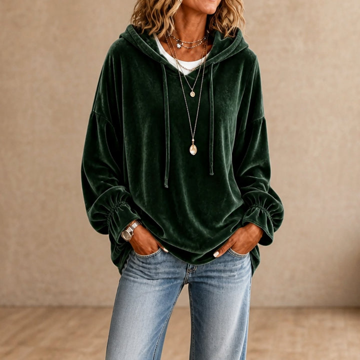 Women's Relaxed Velvet Drawstring Hoodie Ruffle-Cuff Sweatshirt - Green