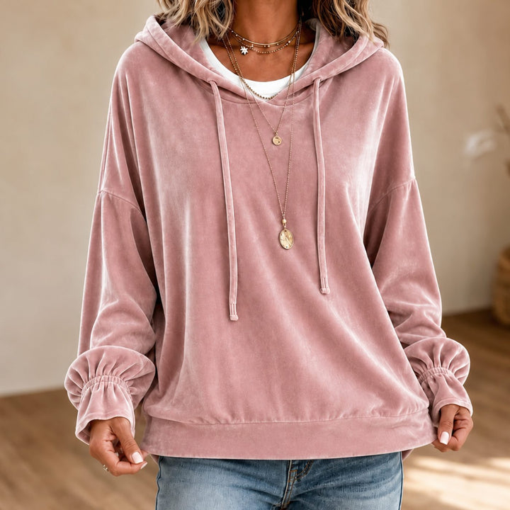 Women's Relaxed Velvet Drawstring Hoodie Ruffle-Cuff Sweatshirt