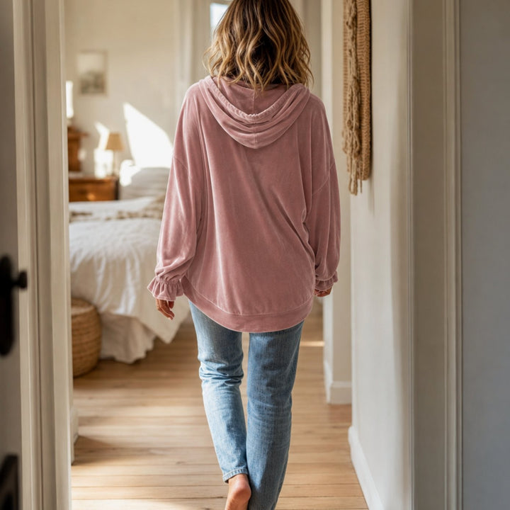 Women's Relaxed Velvet Drawstring Hoodie Ruffle-Cuff Sweatshirt