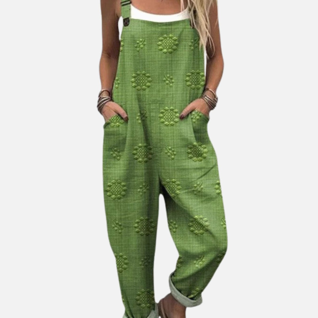 Women's Relaxed Wide-Leg Floral Textured Bib Overalls Jumpsuit, Green - Green