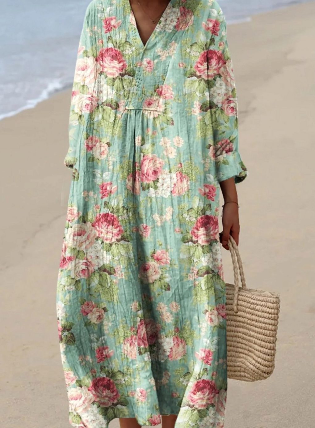 Women's Retro Floral V-Neck Long Sleeve Flowy Midi Dress - Multicolor