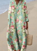 Isabella | Women's Retro Floral V-Neck Long Sleeve Flowy Midi Dress