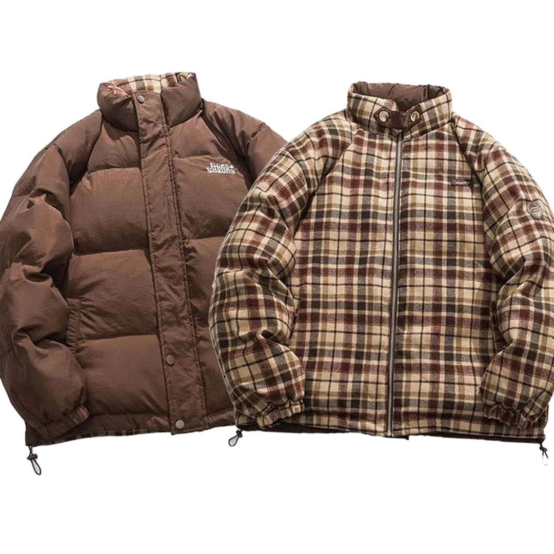 Women's Reversible Plaid Puffer Jacket Stand Collar - Style 1