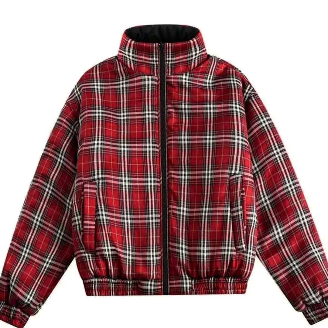 Women's Reversible Plaid Puffer Jacket Stand Collar