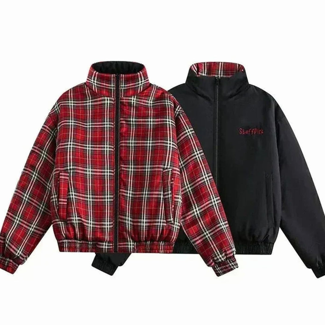 Women's Reversible Plaid Puffer Jacket Stand Collar