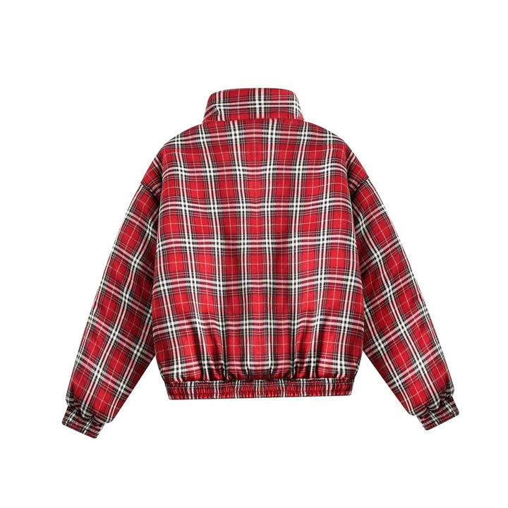 Women's Reversible Plaid Puffer Jacket Stand Collar