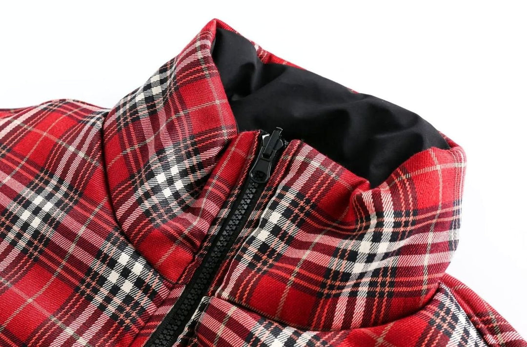 Women's Reversible Plaid Puffer Jacket Stand Collar