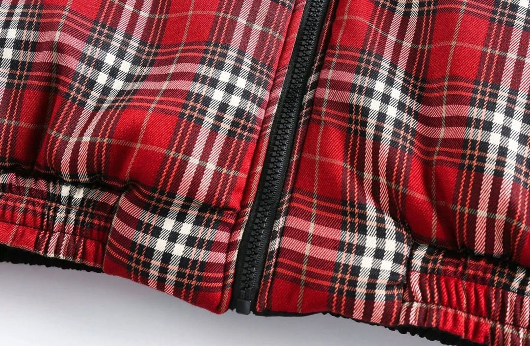 Women's Reversible Plaid Puffer Jacket Stand Collar