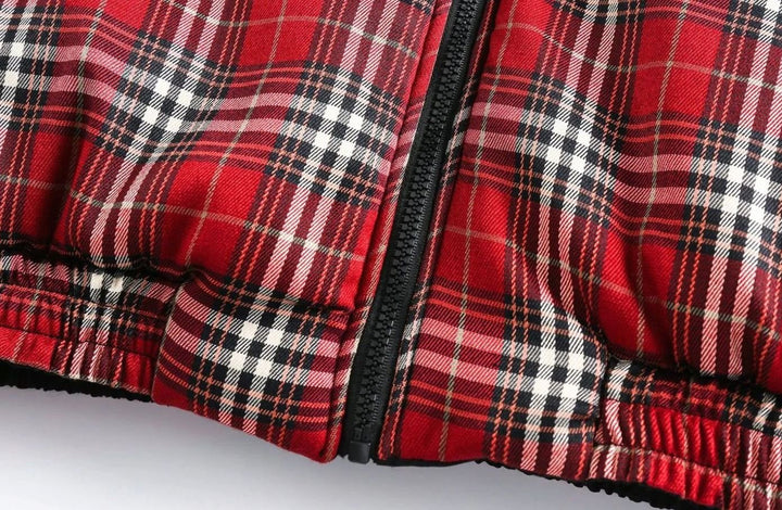 Women's Reversible Plaid Puffer Jacket Stand Collar