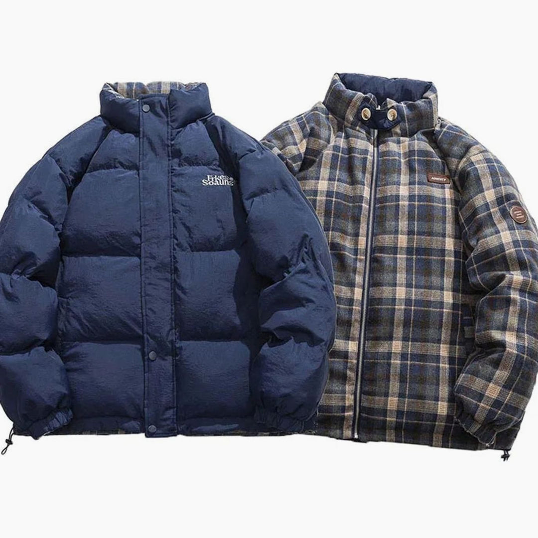 Women's Reversible Plaid Puffer Jacket Stand Collar - Style 3