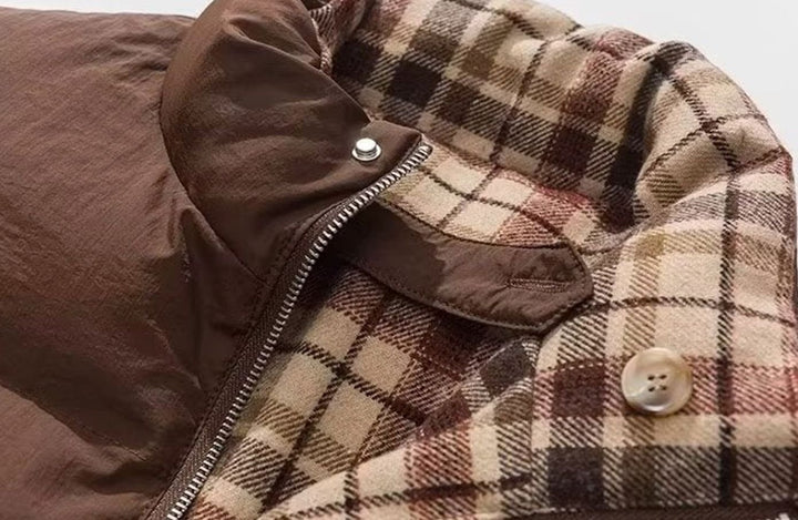 Women's Reversible Plaid Puffer Jacket Stand Collar