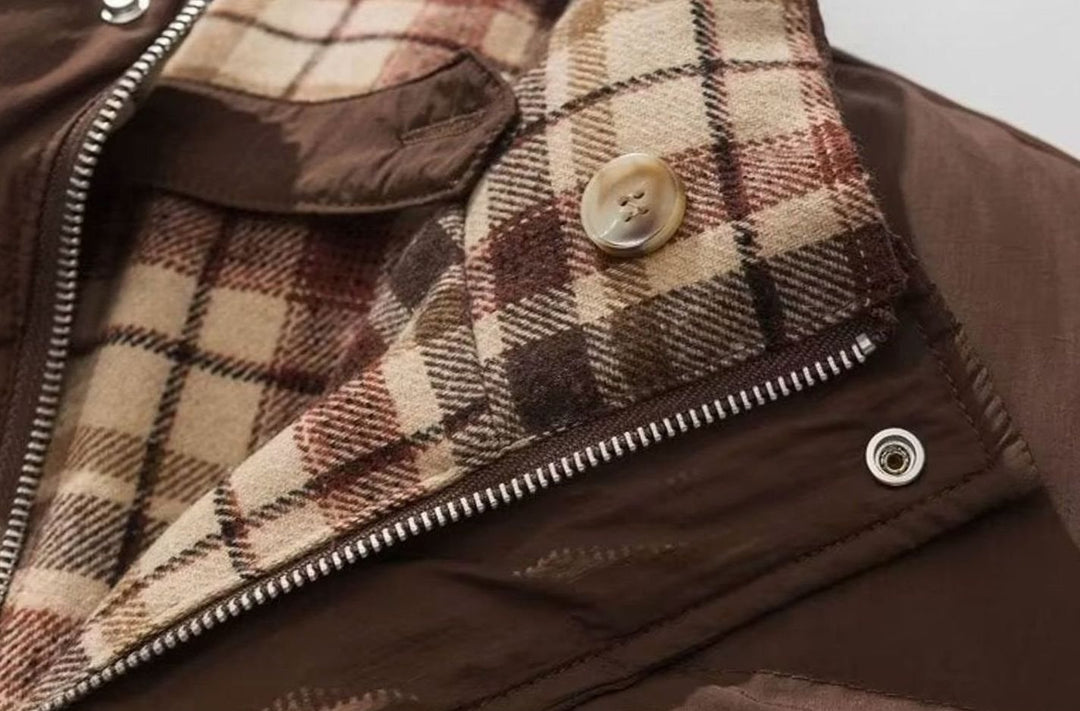 Women's Reversible Plaid Puffer Jacket Stand Collar