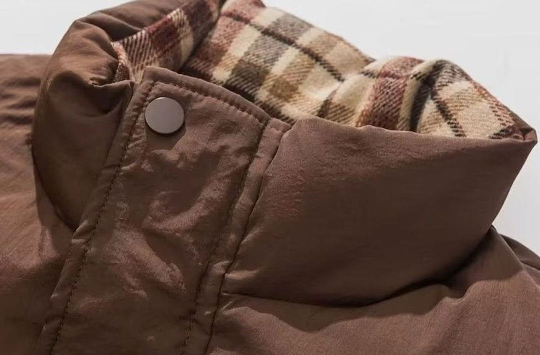 Women's Reversible Plaid Puffer Jacket Stand Collar