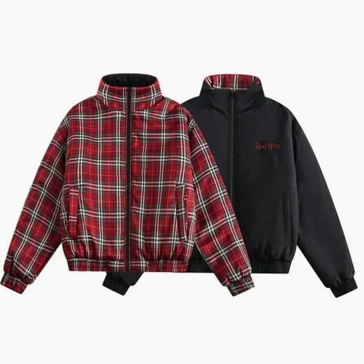 Women's Reversible Plaid Puffer Jacket Stand Collar - Style 2