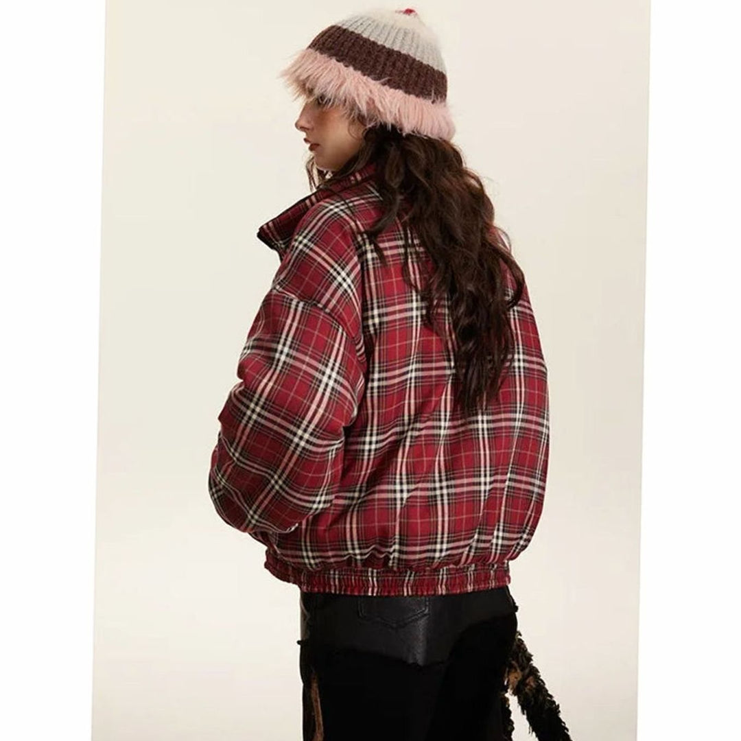 Women's Reversible Plaid Puffer Jacket Stand Collar