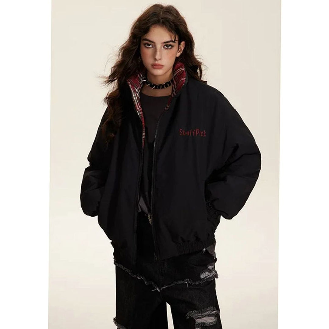 Women's Reversible Plaid Puffer Jacket Stand Collar