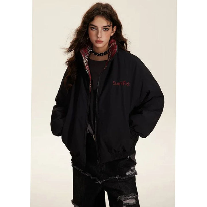 Women's Reversible Plaid Puffer Jacket Stand Collar