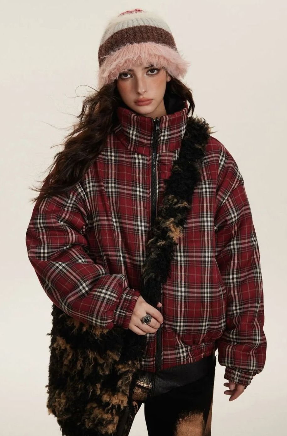 Women's Reversible Plaid Puffer Jacket Stand Collar