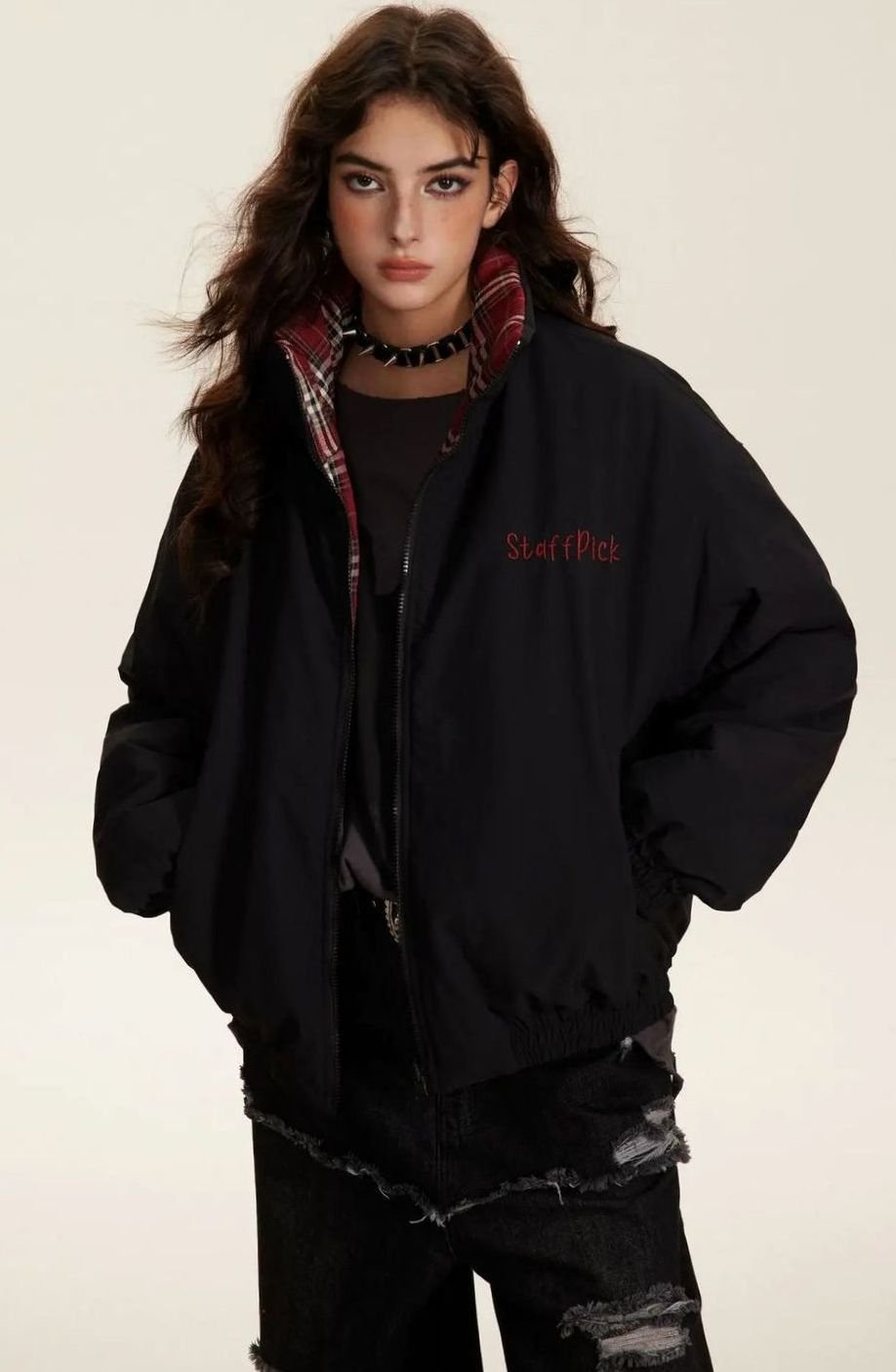 Women's Reversible Plaid Puffer Jacket Stand Collar