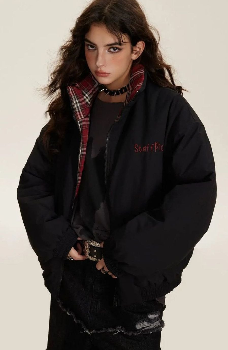 Women's Reversible Plaid Puffer Jacket Stand Collar