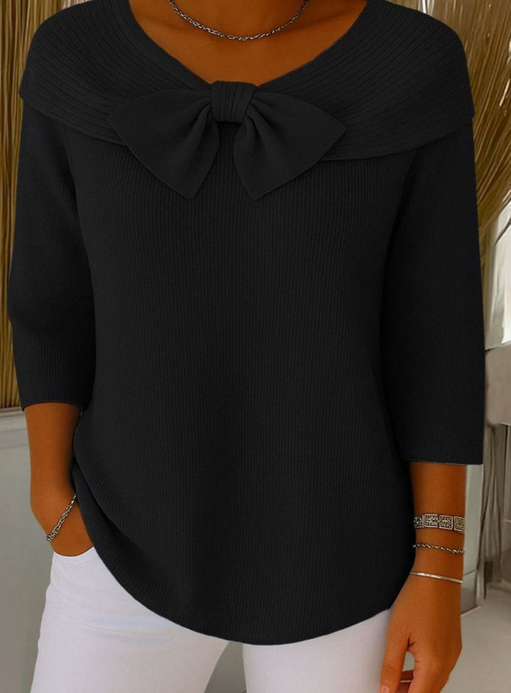 Women's Ribbed Knit Bow-Detail Three-Quarter Sleeve Sweater - Black