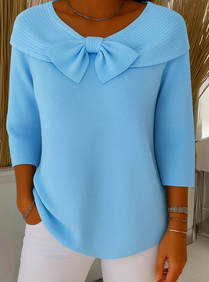 Women's Ribbed Knit Bow-Detail Three-Quarter Sleeve Sweater - Blue