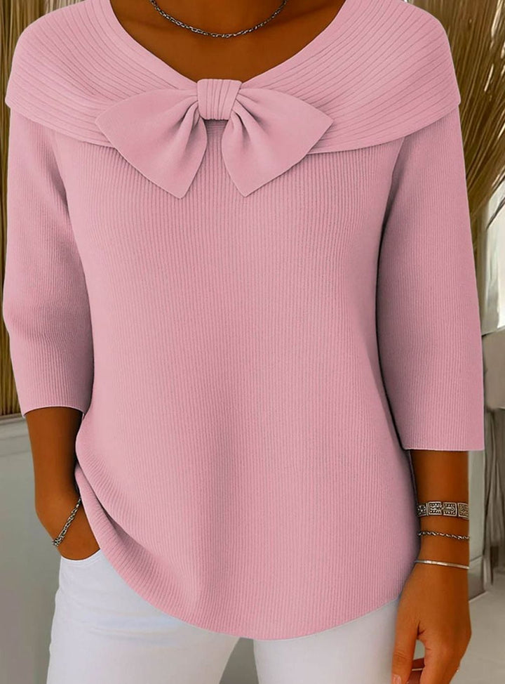 Women's Ribbed Knit Bow-Detail Three-Quarter Sleeve Sweater - Pink
