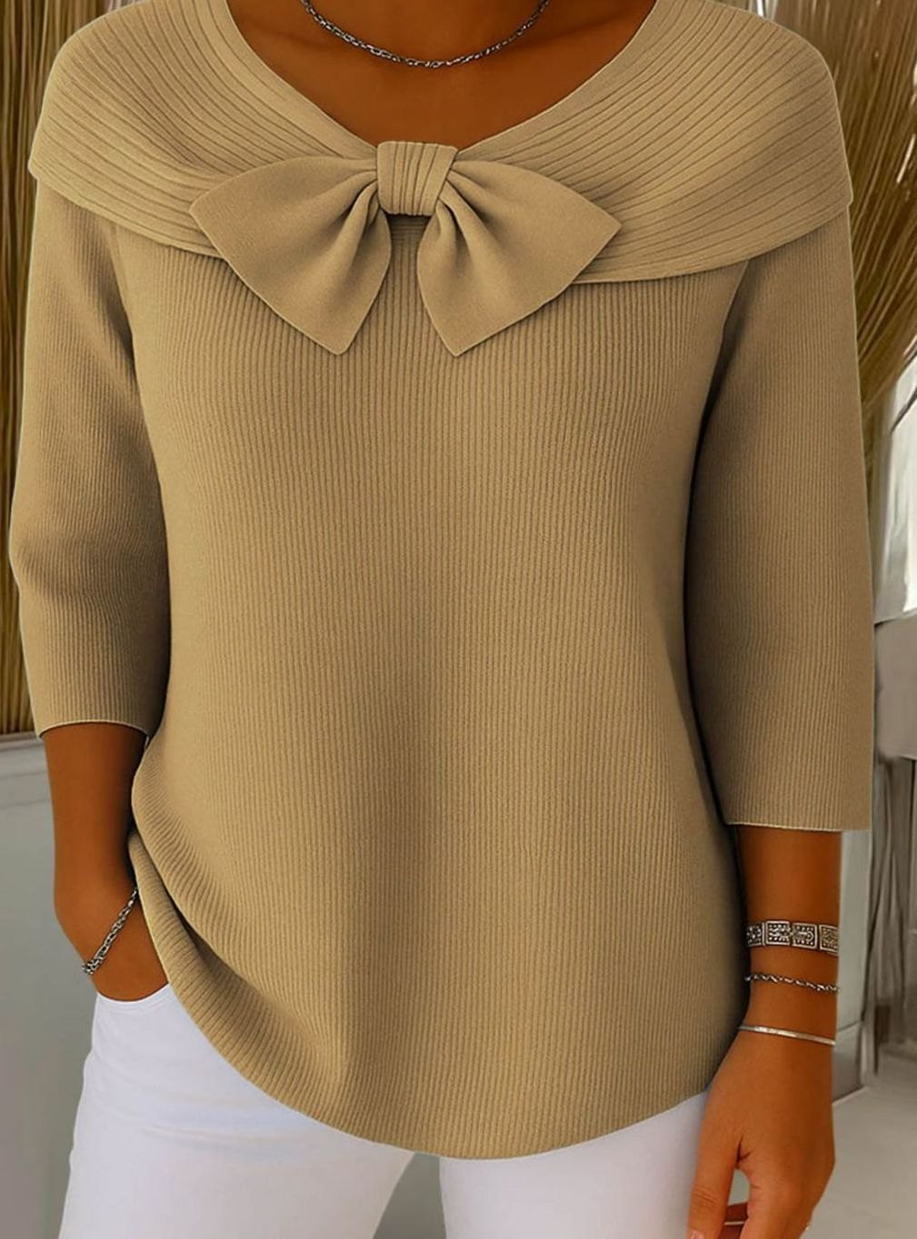 Women's Ribbed Knit Bow-Detail Three-Quarter Sleeve Sweater - Khaki