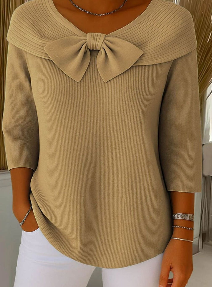 Women's Ribbed Knit Bow-Detail Three-Quarter Sleeve Sweater - Khaki