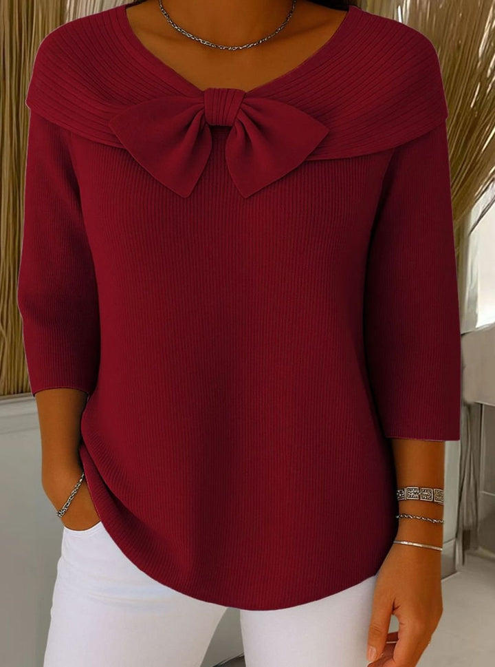 Women's Ribbed Knit Bow-Detail Three-Quarter Sleeve Sweater - Red