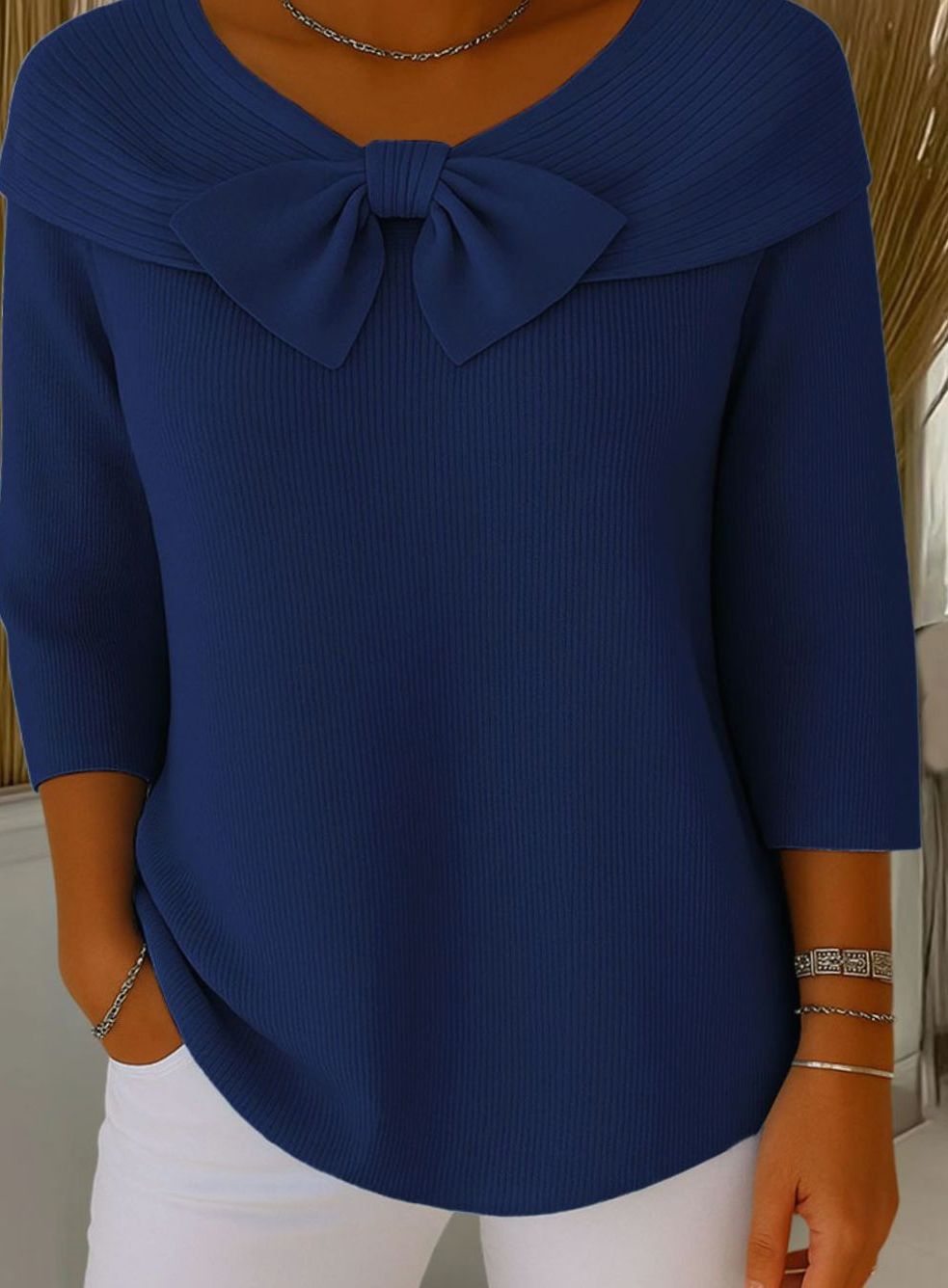 Women's Ribbed Knit Bow-Detail Three-Quarter Sleeve Sweater - Navy Blue