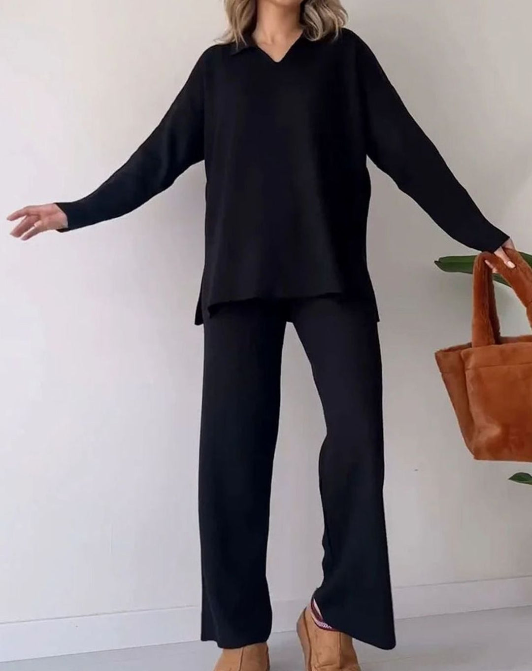 Women's Ribbed Knit Collared V-Neck Side-Slit Two-Piece Sweater Set