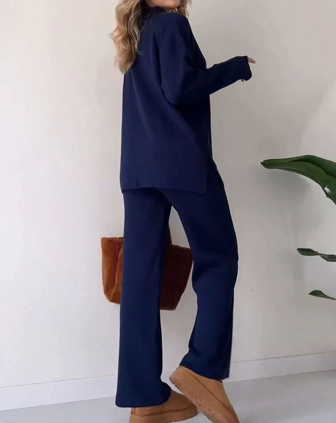 Women's Ribbed Knit Collared V-Neck Side-Slit Two-Piece Sweater Set