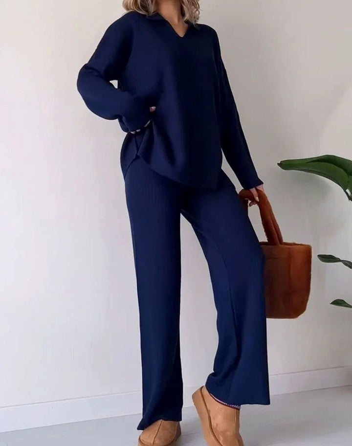 Women's Ribbed Knit Collared V-Neck Side-Slit Two-Piece Sweater Set