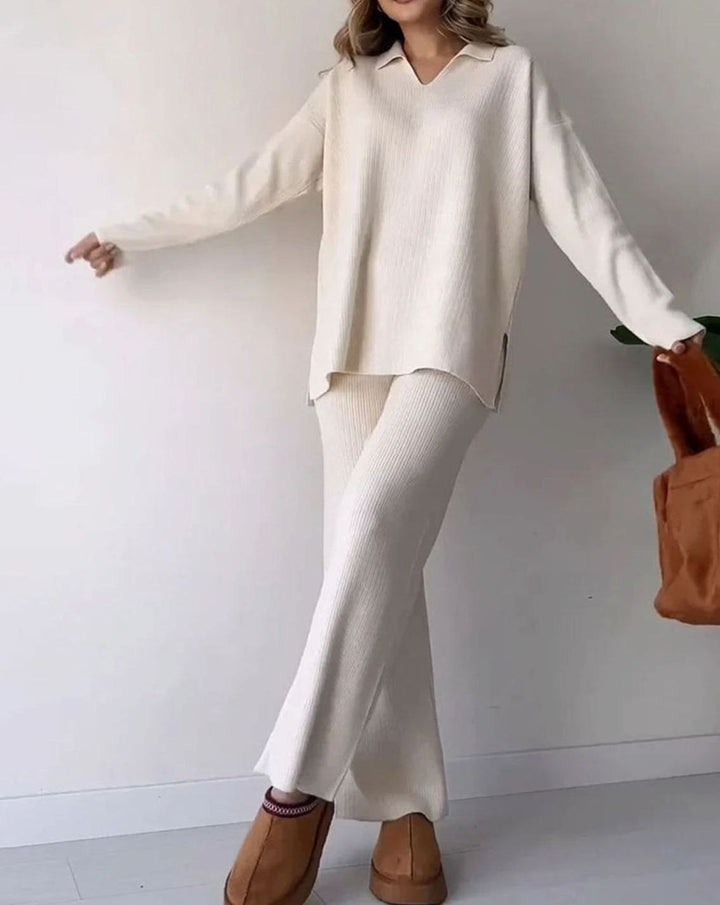 Women's Ribbed Knit Collared V-Neck Side-Slit Two-Piece Sweater Set