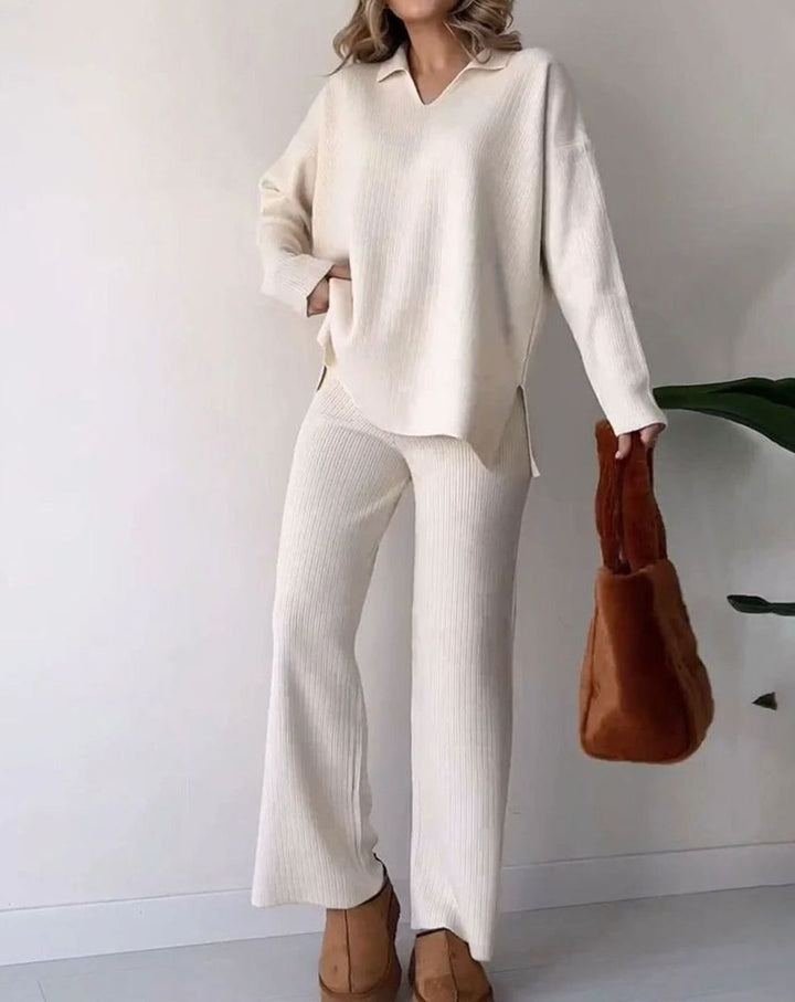 Women's Ribbed Knit Collared V-Neck Side-Slit Two-Piece Sweater Set