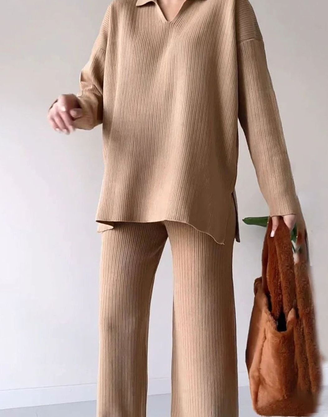 Women's Ribbed Knit Collared V-Neck Side-Slit Two-Piece Sweater Set - Khaki