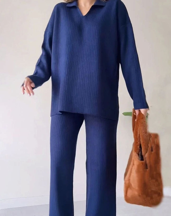 Women's Ribbed Knit Collared V-Neck Side-Slit Two-Piece Sweater Set - Blue