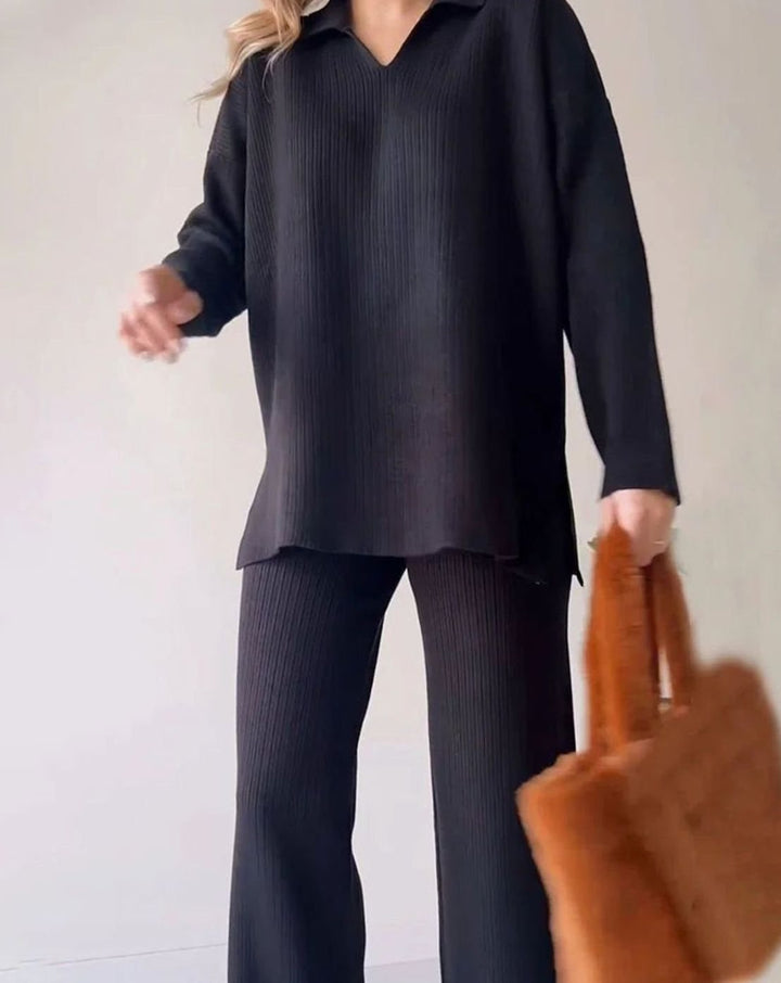 Women's Ribbed Knit Collared V-Neck Side-Slit Two-Piece Sweater Set - Black