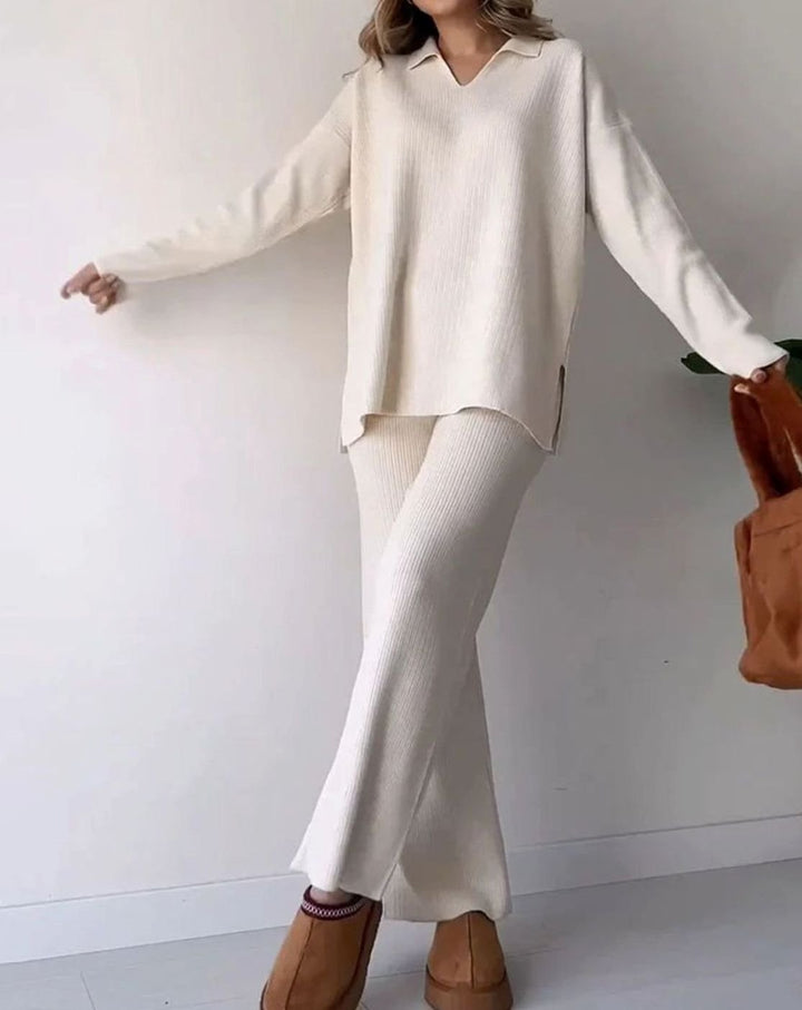 Women's Ribbed Knit Collared V-Neck Side-Slit Two-Piece Sweater Set
