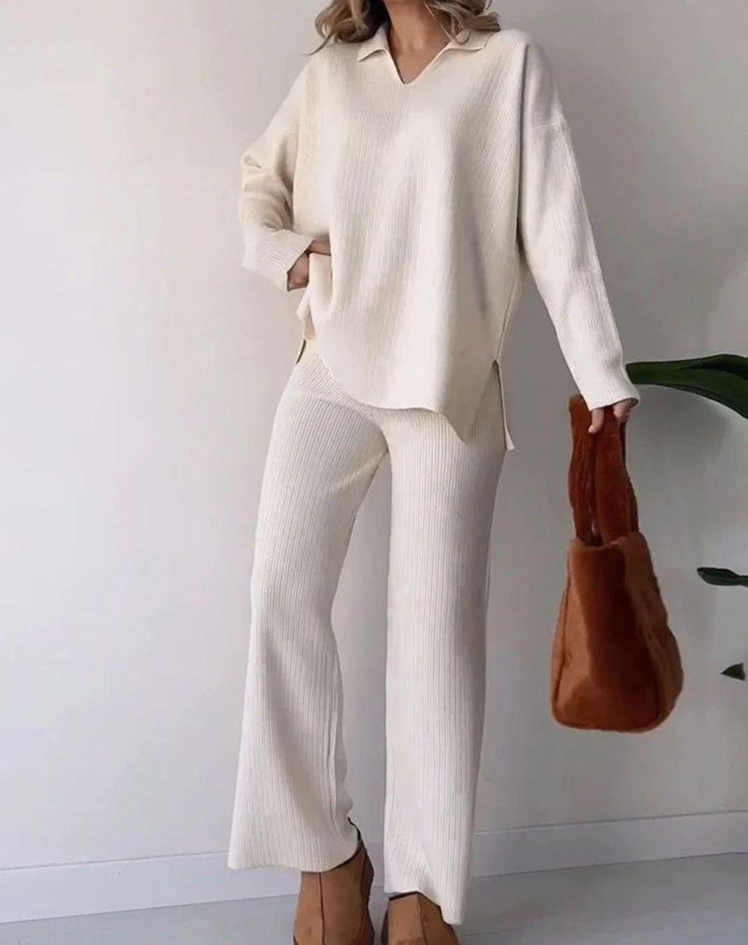 Women's Ribbed Knit Collared V-Neck Side-Slit Two-Piece Sweater Set