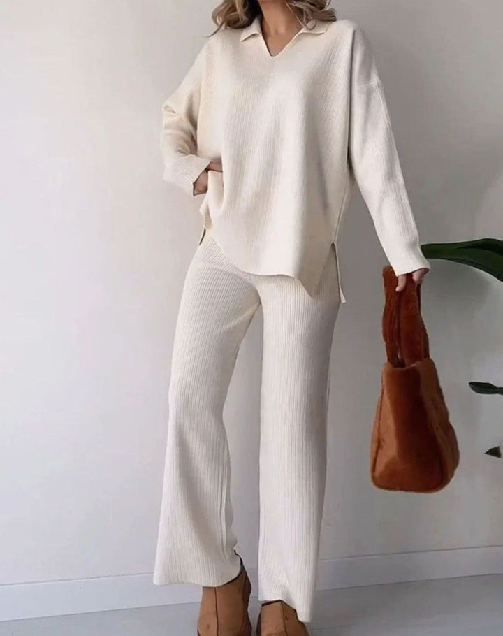 Women's Ribbed Knit Collared V-Neck Side-Slit Two-Piece Sweater Set