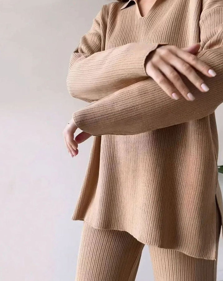 Women's Ribbed Knit Collared V-Neck Side-Slit Two-Piece Sweater Set