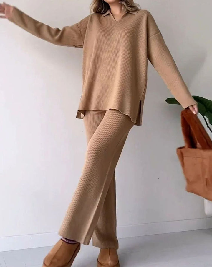 Women's Ribbed Knit Collared V-Neck Side-Slit Two-Piece Sweater Set