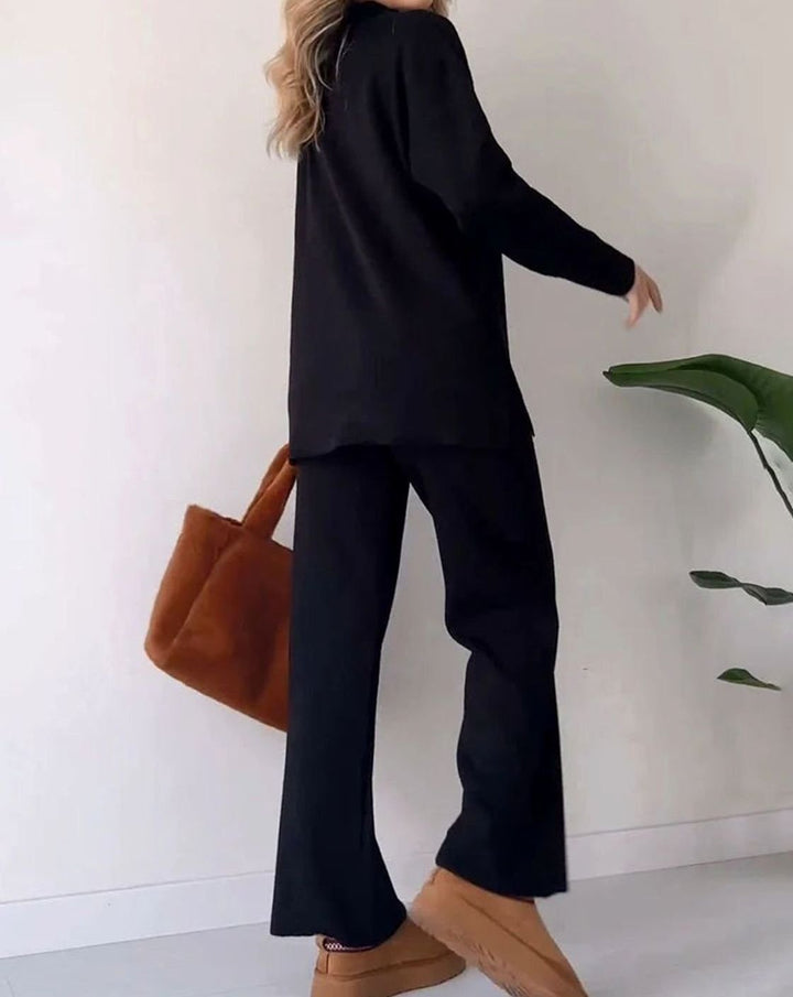 Women's Ribbed Knit Collared V-Neck Side-Slit Two-Piece Sweater Set
