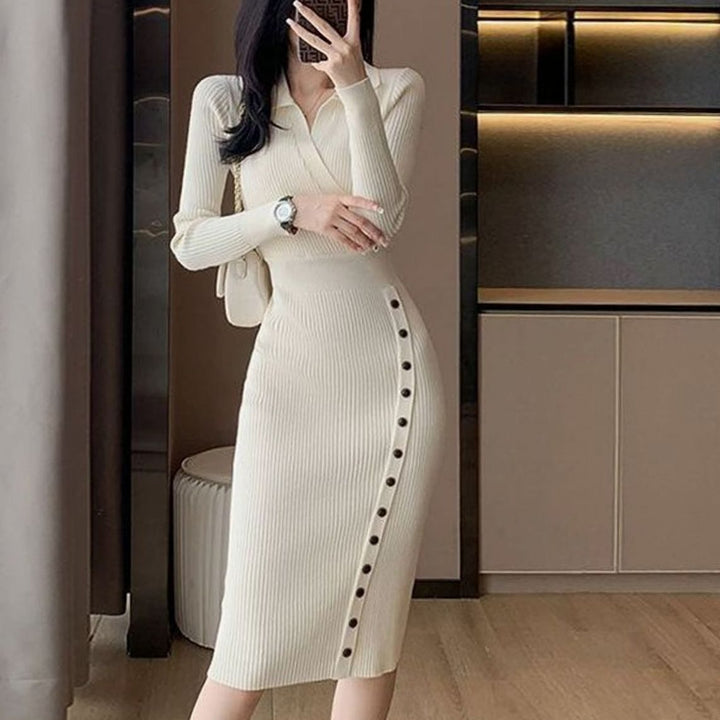 Women's Ribbed Knit Long Sleeve Wrap-Style Button Midi Sweater Dress