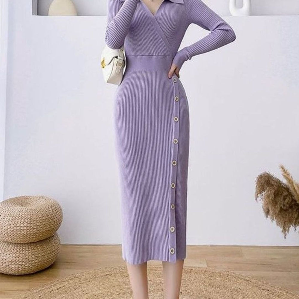 Women's Ribbed Knit Long Sleeve Wrap-Style Button Midi Sweater Dress - Purple